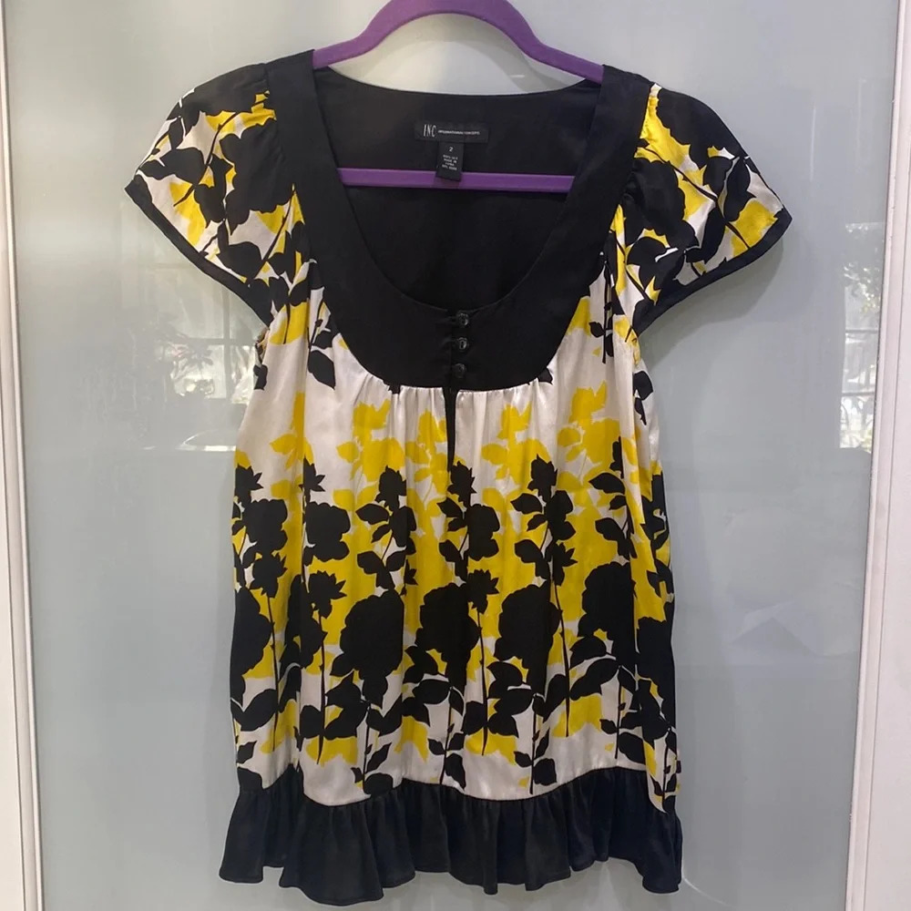 INC International Concepts Women's Black Yellow Flower Print Babydoll Top 2